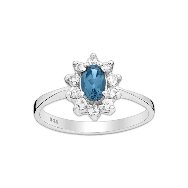 Srebrny pierścionek z topazem london blue i cyrkoniami