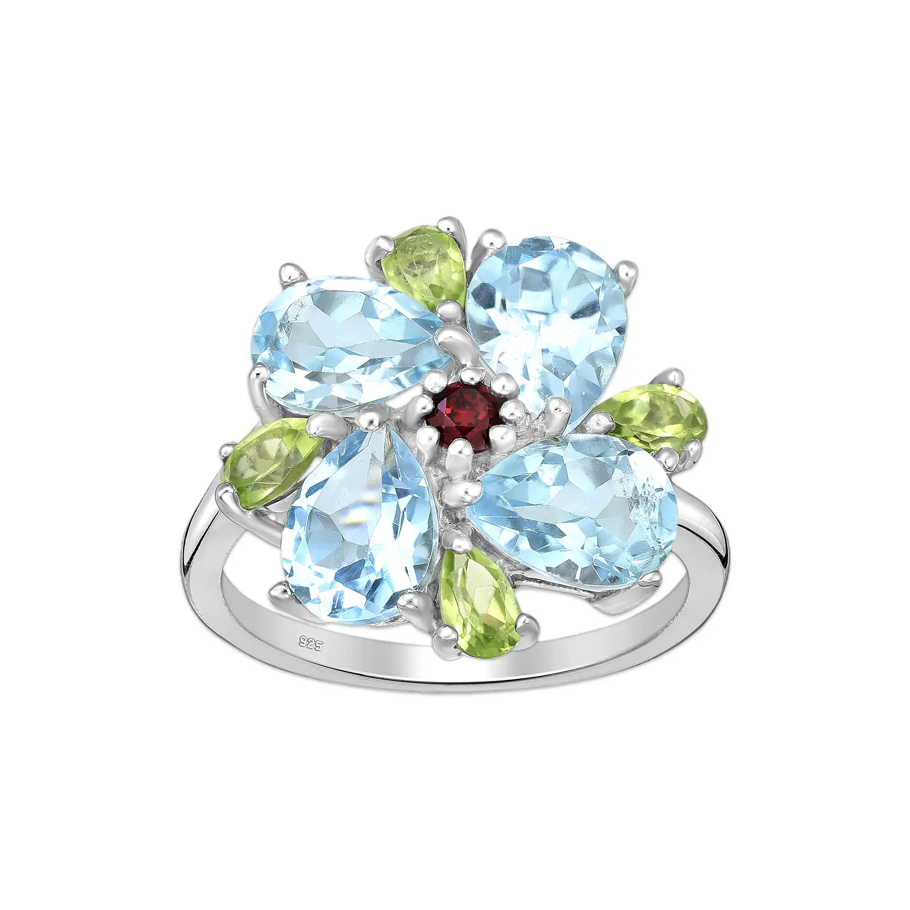 Rodowany srebrny pierścionek z topazami Blue Sky, peridotami i granatem